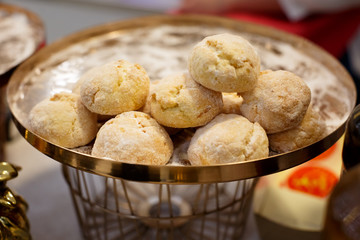 delicious sweet food in the showcases, pastries
