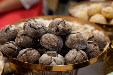 delicious sweet food in the showcases, pastries
