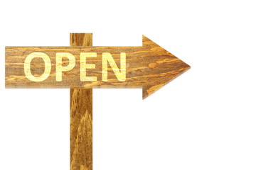 Open text on wooden arrow Sign in White Background