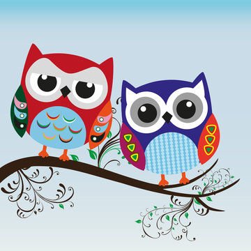 Owl sitting on a branch decorated with a simple pattern. Background design for printing on textiles.