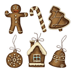 Hand drawn set of Christmas gingerbread. Sketch. Merry Christmas and Happy New Year.