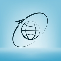 Airplane fly around the planet Earth. Logo.