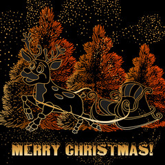 stylish inscription Merry Christmas on the background of the forest,  reindeer and sleigh