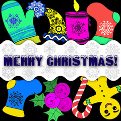 Merry Christmas greeting. decorated with symbols of the holiday doodles