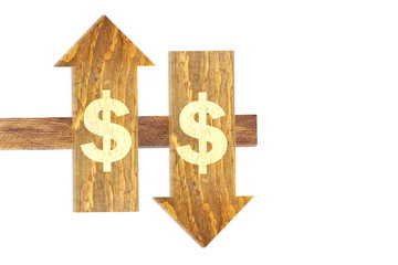  up and down dollar text on wooden arrow in white background