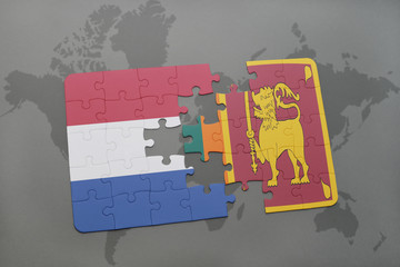 puzzle with the national flag of netherlands and sri lanka on a world map background.