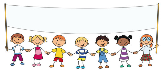 Sieben Kinder mit Banner
