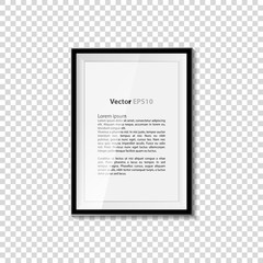 Black blank picture isolated on transparent wall. Frame template poster. Picture frame set. Vector