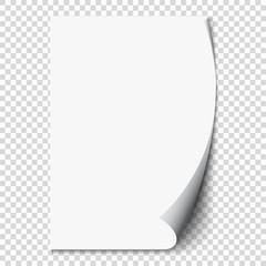 New white page curl on blank sheet isolated paper. Realistic empty folded page. Transparent design sticker. Vector background graphic illustration 