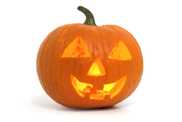 illuminated halloween pumpkin lantern on white background
