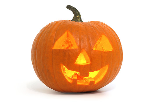 illuminated halloween pumpkin lantern on white background
