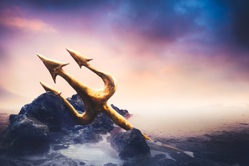 High contrast image of Poseidon's trident at sea - obrazy, fototapety, plakaty