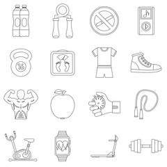 Fitness icons set. Outline illustration of 16 fitness vector icons for web