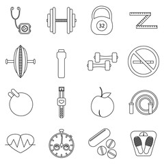 Fitness icons set. Outline illustration of 16 fitness vector icons for web