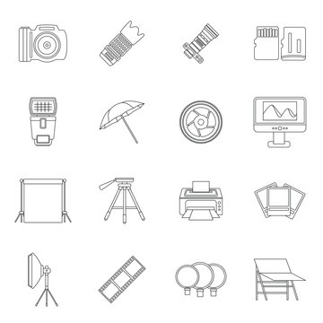 Photo studio icons set. Outline illustration of 16 photo studio vector icons for web