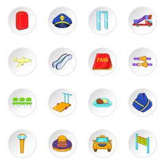 Airport icons set. Cartoon illustration of 16 airport vector icons for web