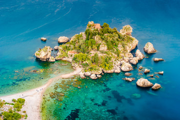 Beautiful landscape of Taormina, Italy. Sicilian seascape with beach and island Isola Bella. Travel photography. - obrazy, fototapety, plakaty