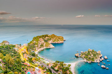 Beautiful landscape of Taormina, Italy. Sicilian seascape with beach and island Isola Bella. Travel photography. - 123597199