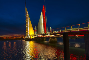 Twin Sails lifting bridge and reflections, Poole Harbour in Dors