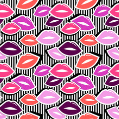 Seamless pattern with colorful badge shape lips on black striped background. Vector illustration with lips stickers in cartoon 80s-90s comic style.