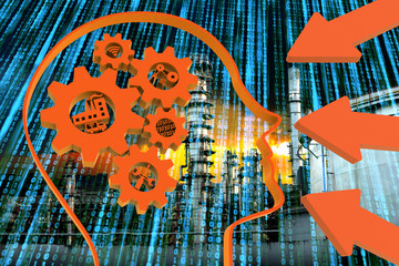 Industrial 4.0 Cyber Physical Systems concept, Human head with brain gears and orange industry4.0 icons , arrow with binary coded abstract and oil refinery industry background ,3D illustration