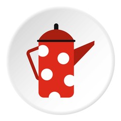 Red metal kettle with white polka dots icon. Flat illustration of red metal kettle with white polka dots vector icon for web