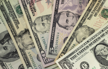 American dollars of different nominal fanned out top view