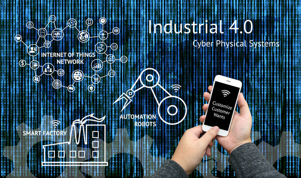 Industrial 4.0 concept. Customer use mobile phone to customize products and icon of internet of things network , Automation robots , Smart factory with abstract binary code background