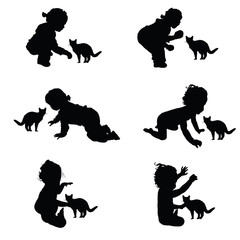 children silhouette with cat illustration in black