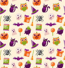 Obraz premium Halloween Seamless Pattern with Colorful Flat Icons