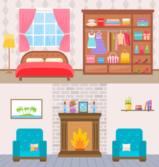 Bedroom with furniture and window. Wardrobe with clothes and mirror. Flat style vector illustration.