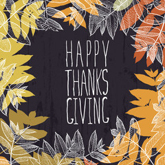 Happy Thanksgiving card design. Paper Cut Letters and fallen lea