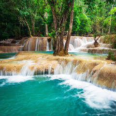 Jangle landscape with amazing turquoise water of Kuang Si cascade waterfall at deep tropical rain forest. Luang Prabang, Laos travel landscape and destinations