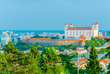 view of the bratislava castle situated on a hill next to the danube river in slovakia © dudlajzov