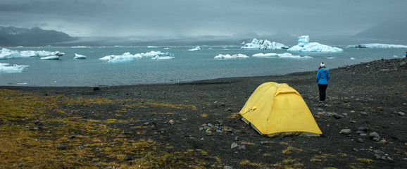 Camp in Jokulsarlon glacier lagoon, south of Iceland