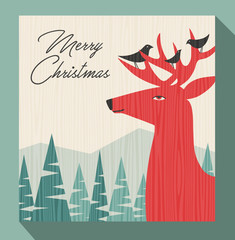 retro christmas greeting card winter scene with deer and birds perched on his antlers