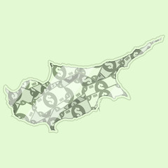 Map Cyprus covered in money, bank notes of one hundred dollars. On the map there is glass reflection. Conceptual.