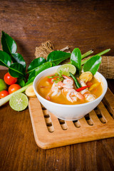 Tom yam kong or Tom yum soup. Thai food.