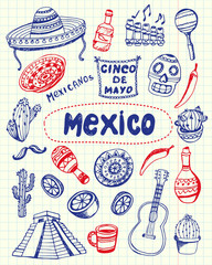 Mexico associated symbols. Mexican national, cultural, culinary, nature, historical, fashion related doodles drawn on squared paper blue and red pan vector set. Sketched with pen latin theme icons
