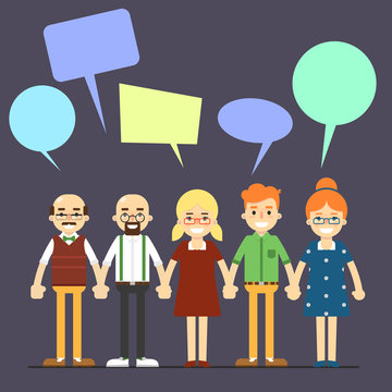 Group of smiling and young cartoon people with speech bubbles over head, vector illustration on perpl background. Chatting communication concept. Social network and teamwork.