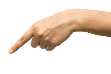 isolated female hand touching or pointing to something.Clipping path included