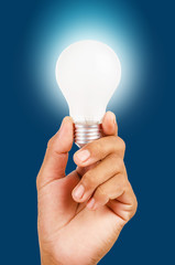 energy saving lamp in hand.