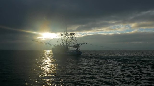 Shrimping trawler fishing just after sunrise with nets in the water.