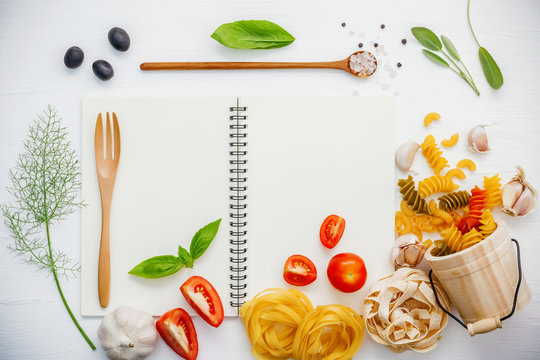 Italian foods concept and foods menu design . Various pasta elbo
