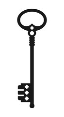 Vintage antique key, black silhouette isolated on white background. Vector