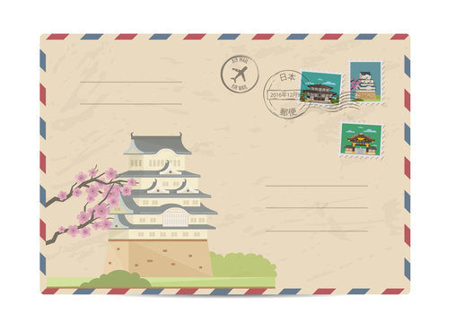 Japan vintage postal envelope with postage stamps and postmarks on white background, isolated vector illustration. Japanese ancient temple. Air mail stamp. Postal services. Envelope delivery.