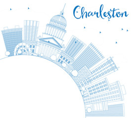 Outline Charleston Skyline with Blue Buildings and Copy Space.