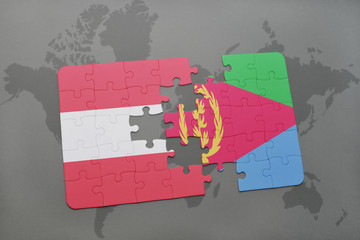 puzzle with the national flag of austria and eritrea on a world map background.