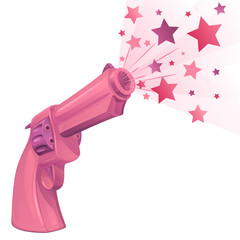 Гламурный розовый блестящий револьвер, стреляющий яркими разноцветными звездами, на белом фоне