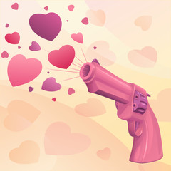 Гламурный розовый блестящий револьвер, стреляющий яркими разноцветными сердечками
